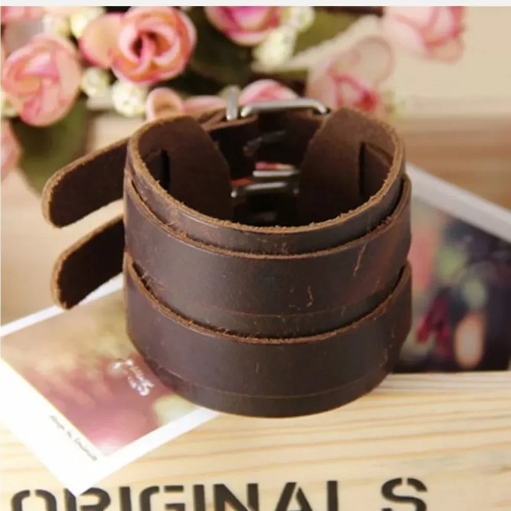 Men's Wide PU Leather Belt Strap Buckle Adjustable Cuff Wristband Bracelet